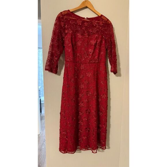 Adrianna Papell Size 6 Sequin Embroidered Midi Dress Red Mesh Overlay Evening - Picture 4 of 13